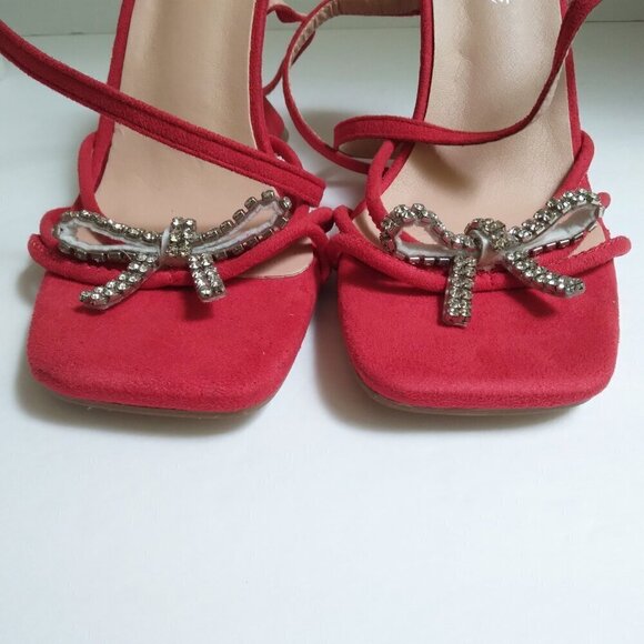 Red  Rhinestone Bow  Square Toe Wrap Around Strappy Sandals Horsehoof Heel Sz 38 - Picture 4 of 9